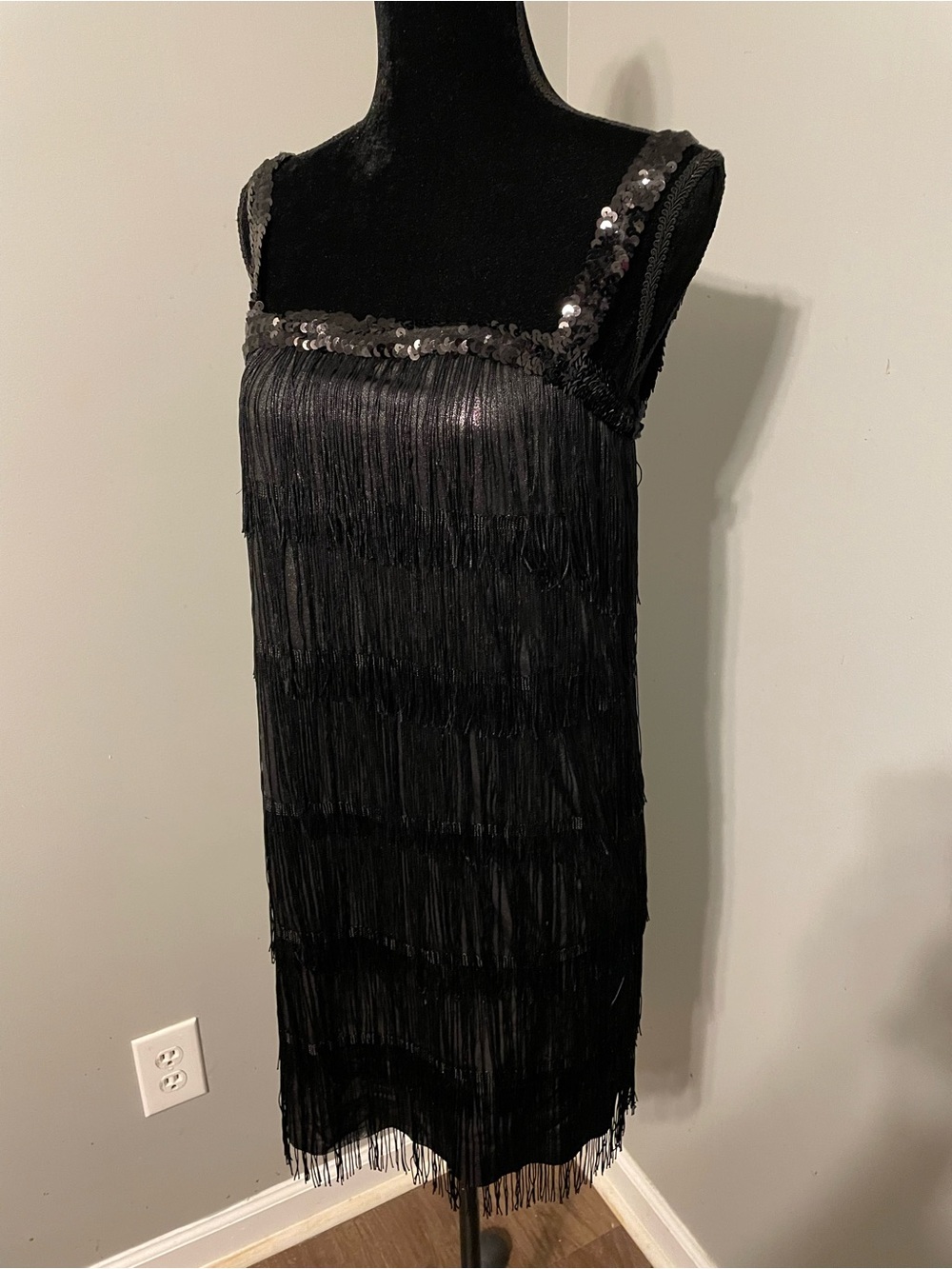 Gatsby Flapper 1920’s Black Sequin Strap Fringe Mini Dress Costume